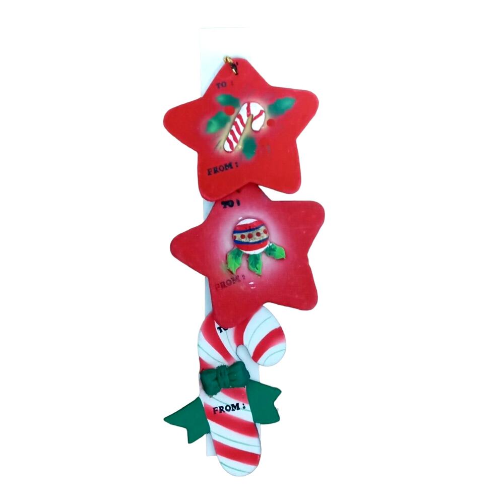 🎁 🎄Vintage Ornament Gift Tags Candy Cane & Red Stars Set of 3 🎄🌟🍬